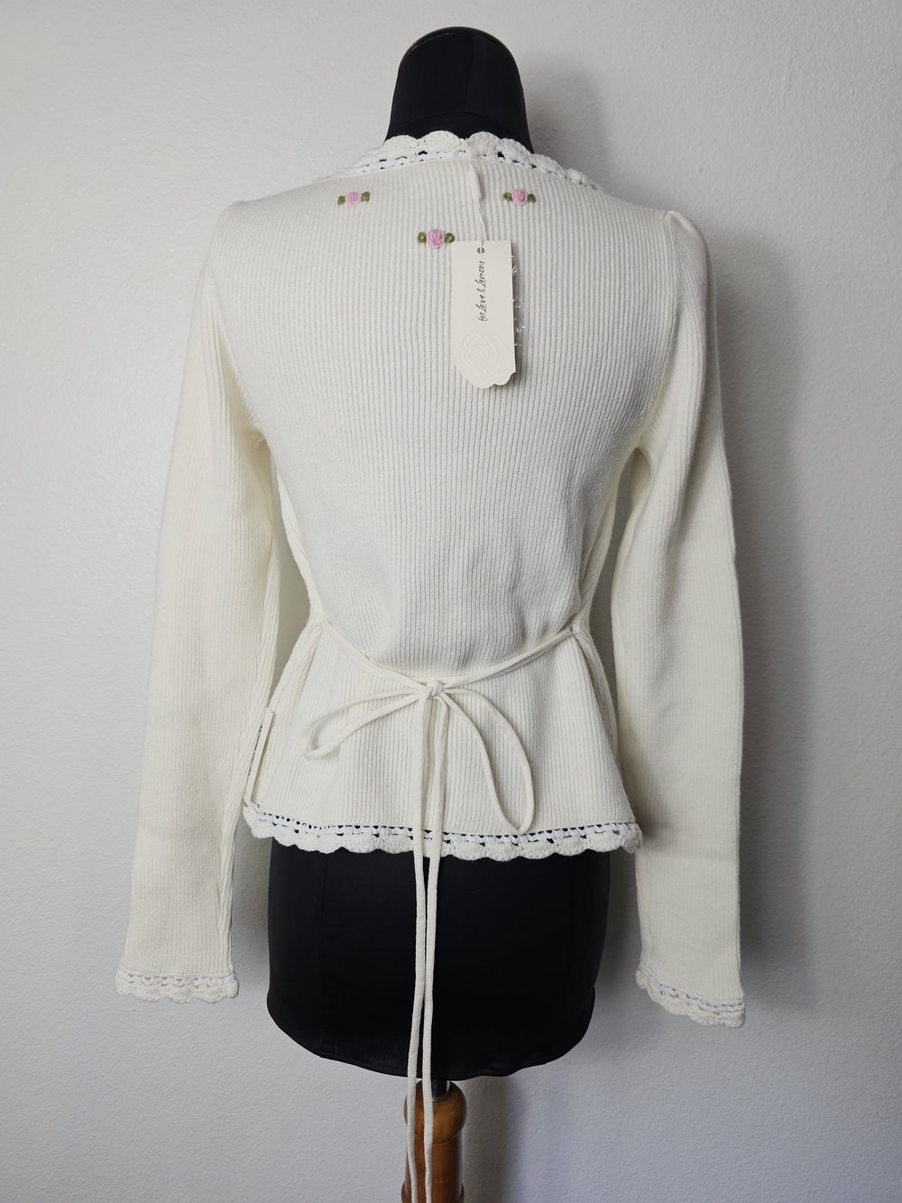 For Love & Lemons Cream Knit Cardigan with Pink Rose Embroidery - Picture 2 of 7